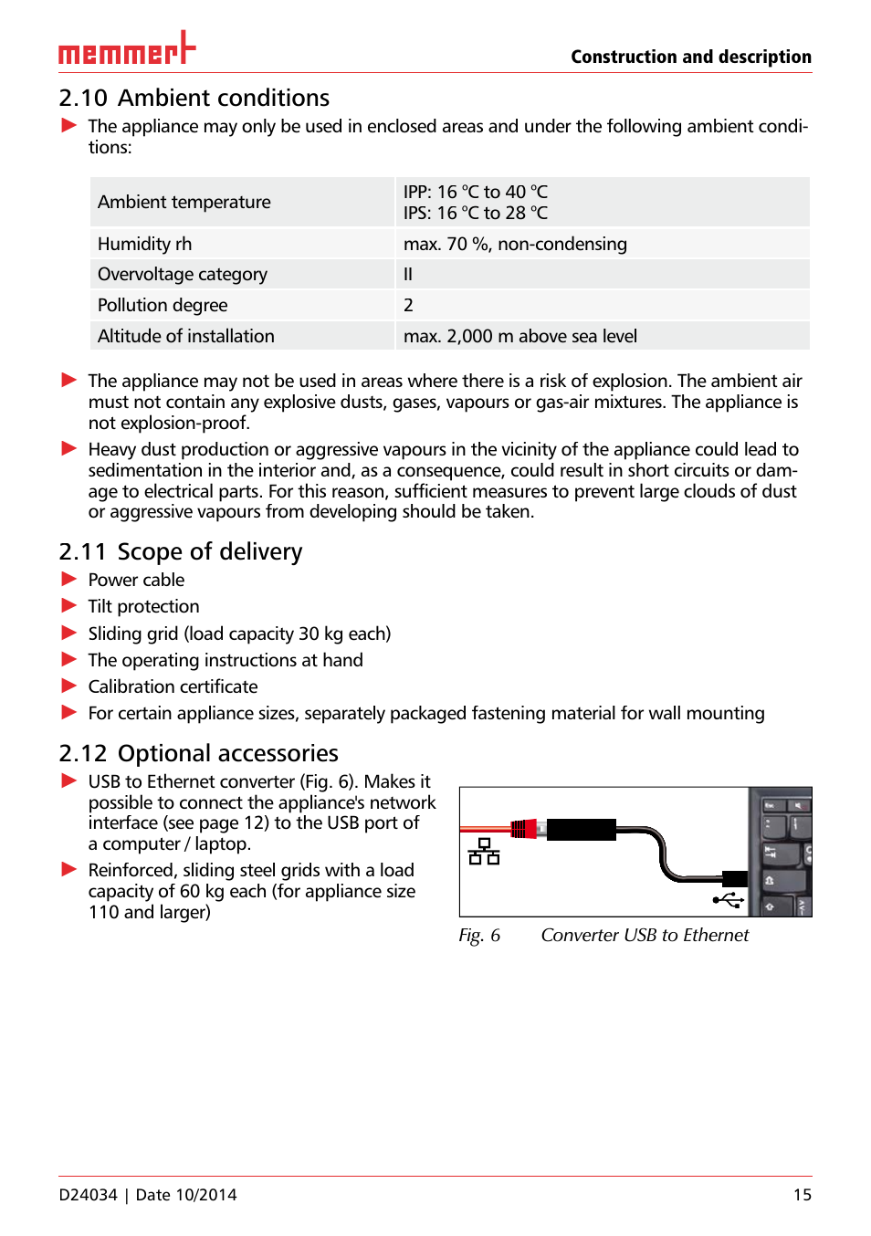 11 scope of delivery, 12 optional accessories, 10 ambient conditions | Memmert IPS Peltier-cooled incubators User Manual | Page 15 / 44