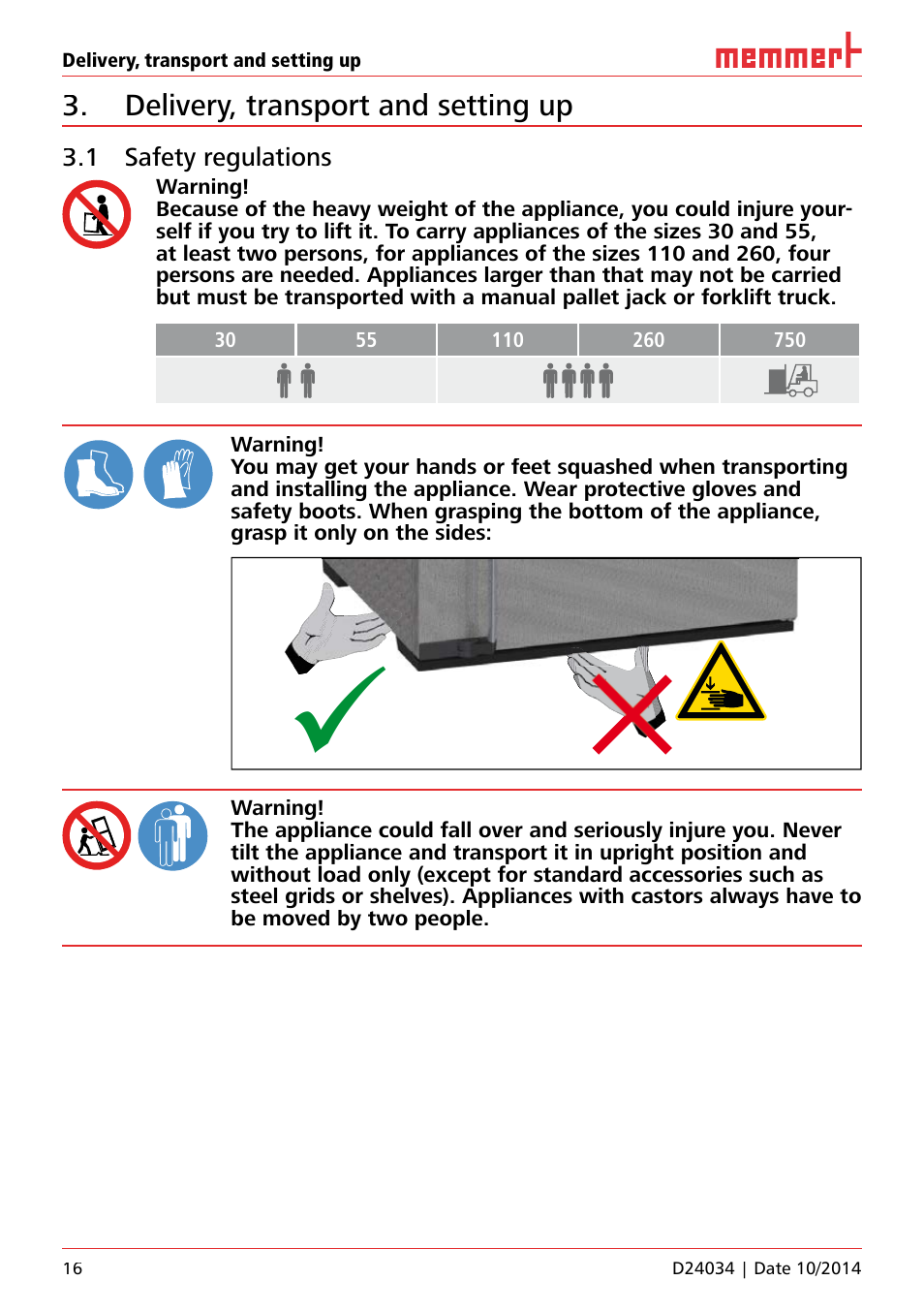 Delivery, transport and setting up, 1 safety regulations | Memmert IPS Peltier-cooled incubators User Manual | Page 16 / 44
