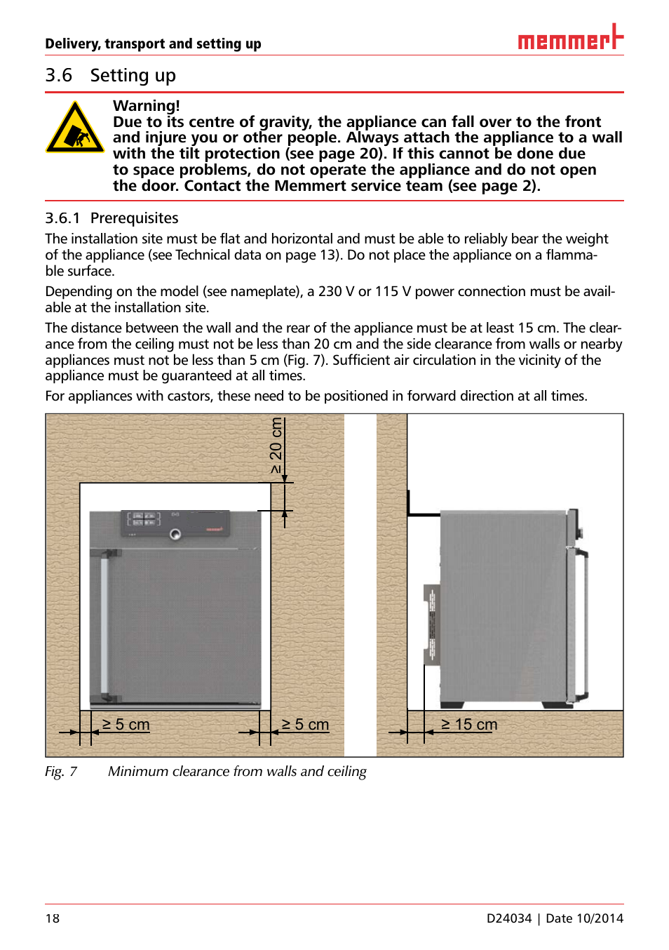 6 setting up, 1 prerequisites | Memmert IPS Peltier-cooled incubators User Manual | Page 18 / 44