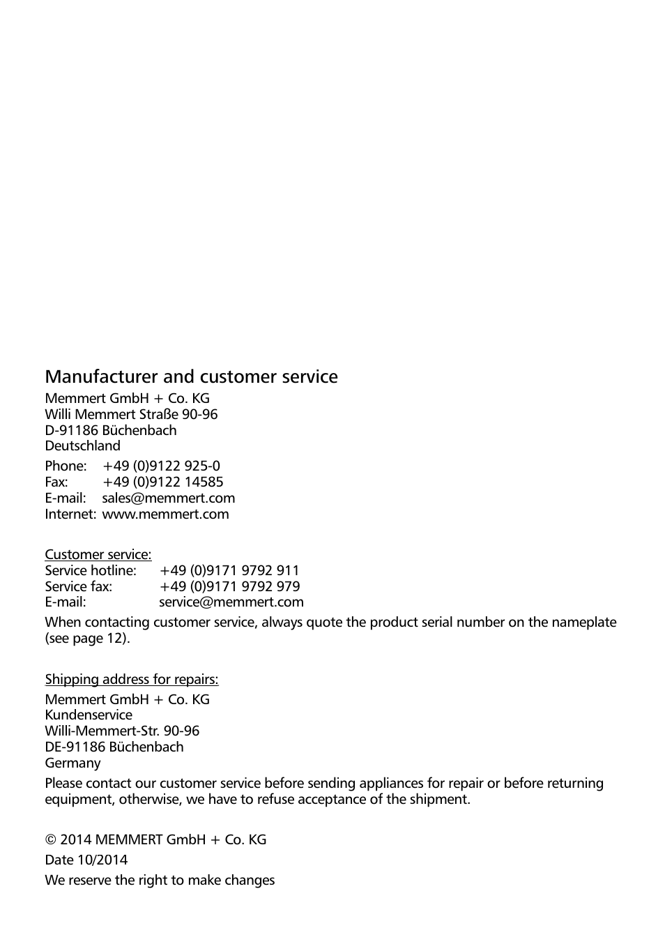 Manufacturer and customer service | Memmert IPS Peltier-cooled incubators User Manual | Page 2 / 44