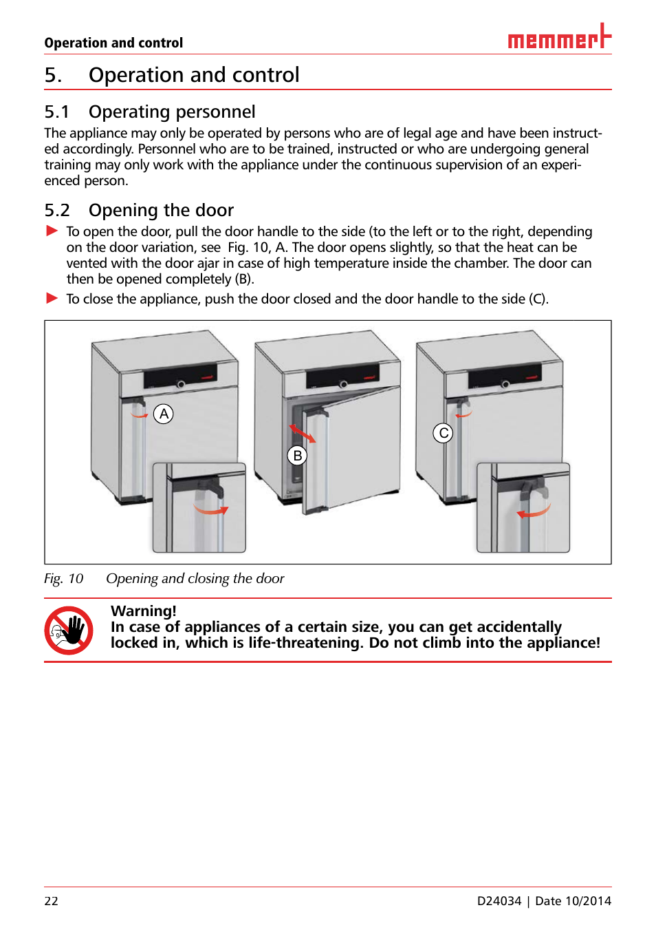 Operation and control, 1 operating personnel, 2 opening the door | Memmert IPS Peltier-cooled incubators User Manual | Page 22 / 44