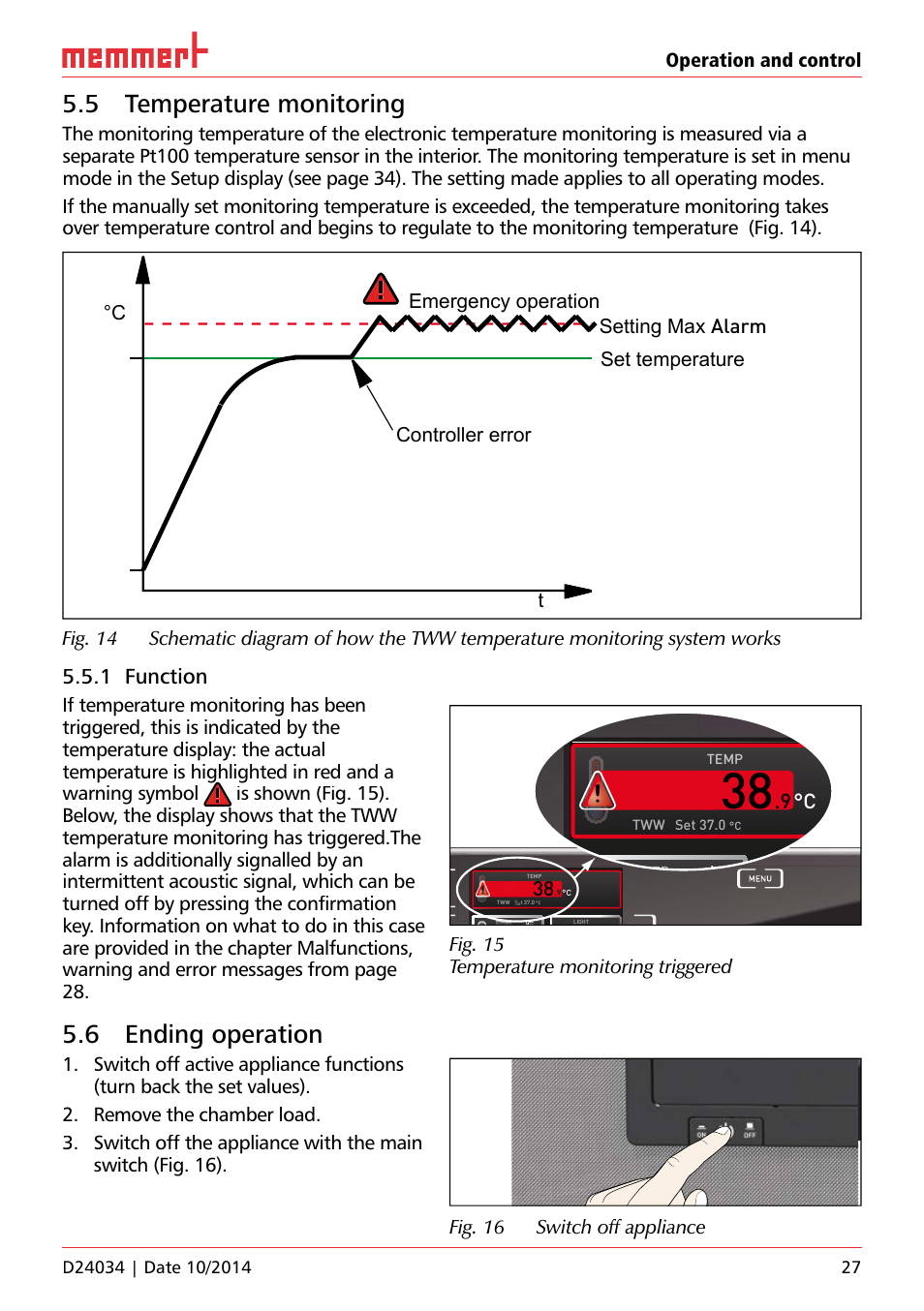 5 temperature monitoring, 1 function, 6 ending operation | Uf 110, Hauptschalter, 0%rh, Operation and control, Fig. 16 switch off appliance, 000°c | Memmert IPS Peltier-cooled incubators User Manual | Page 27 / 44