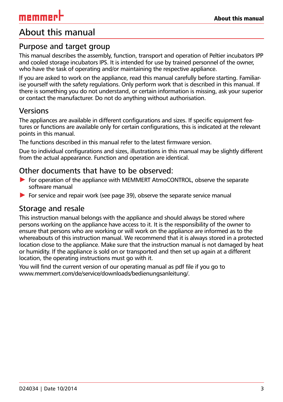 About this manual, Purpose and target group, Versions | Other documents that have to be observed, Storage and resale | Memmert IPS Peltier-cooled incubators User Manual | Page 3 / 44