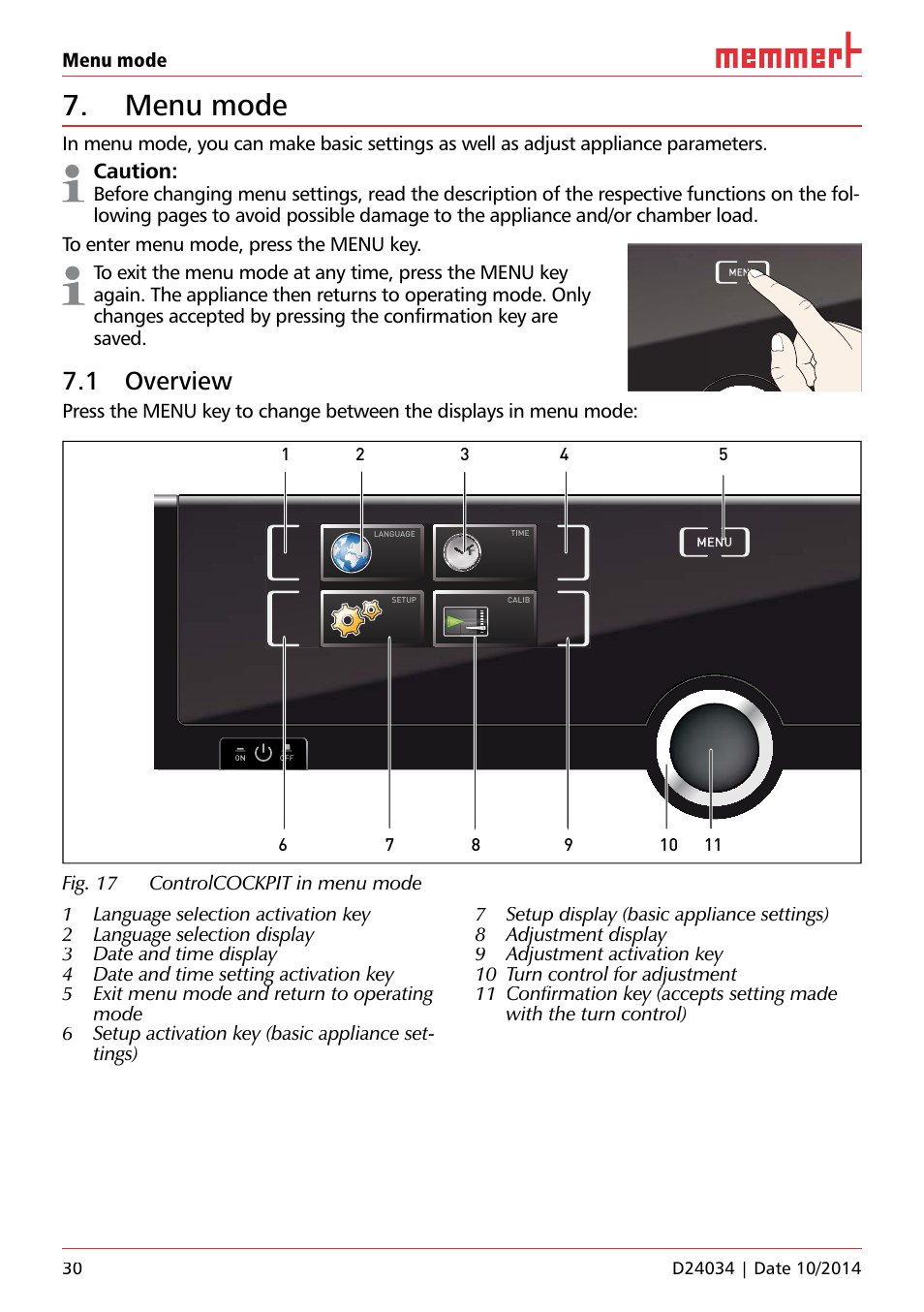 Menu mode, 1 overview, Caution | Uf 110 | Memmert IPS Peltier-cooled incubators User Manual | Page 30 / 44
