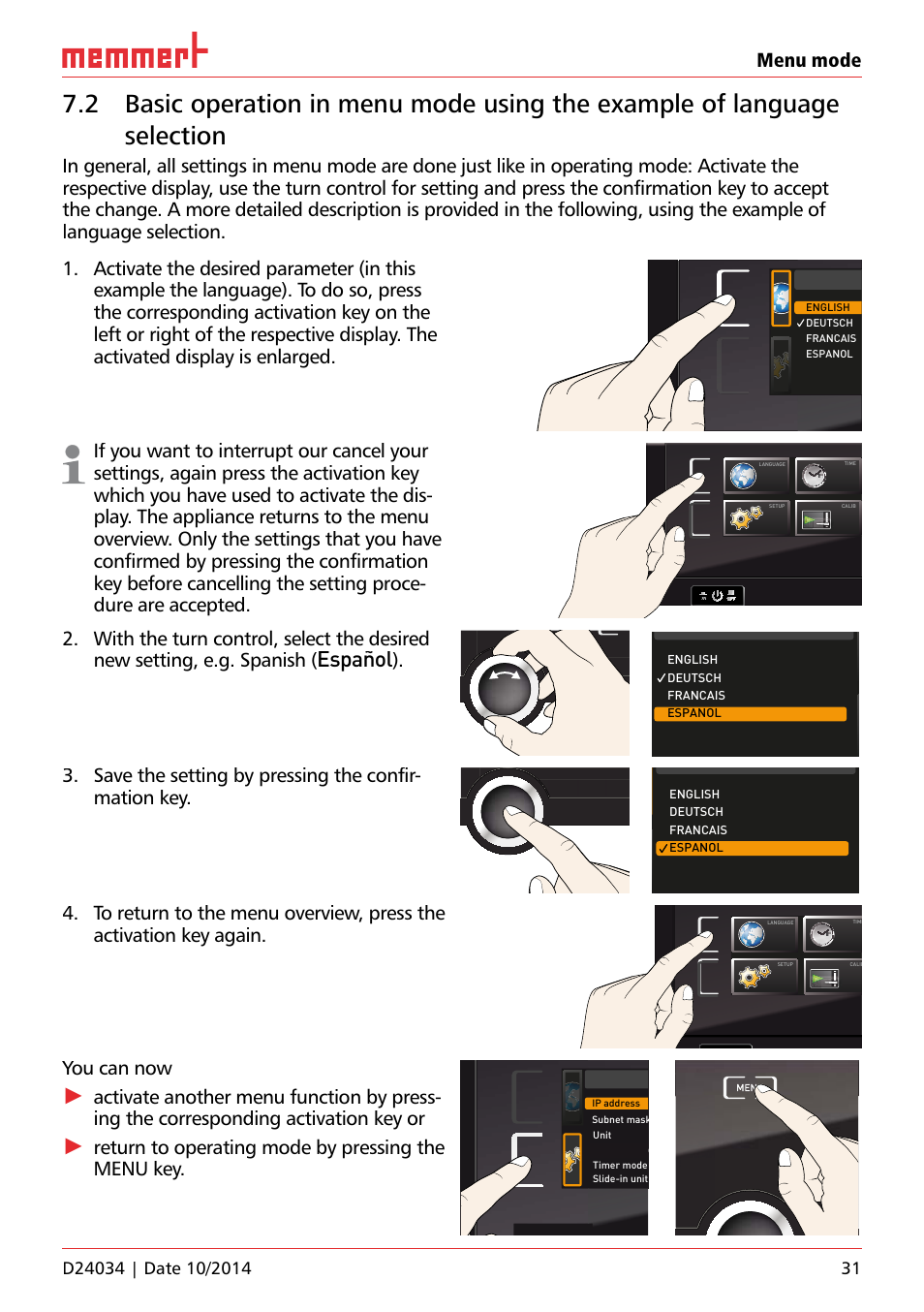 Ufp 100, Español, Menu mode | You can now, Return to operating mode by pressing the menu key, Hauptschalter, Uf 110 | Memmert IPS Peltier-cooled incubators User Manual | Page 31 / 44