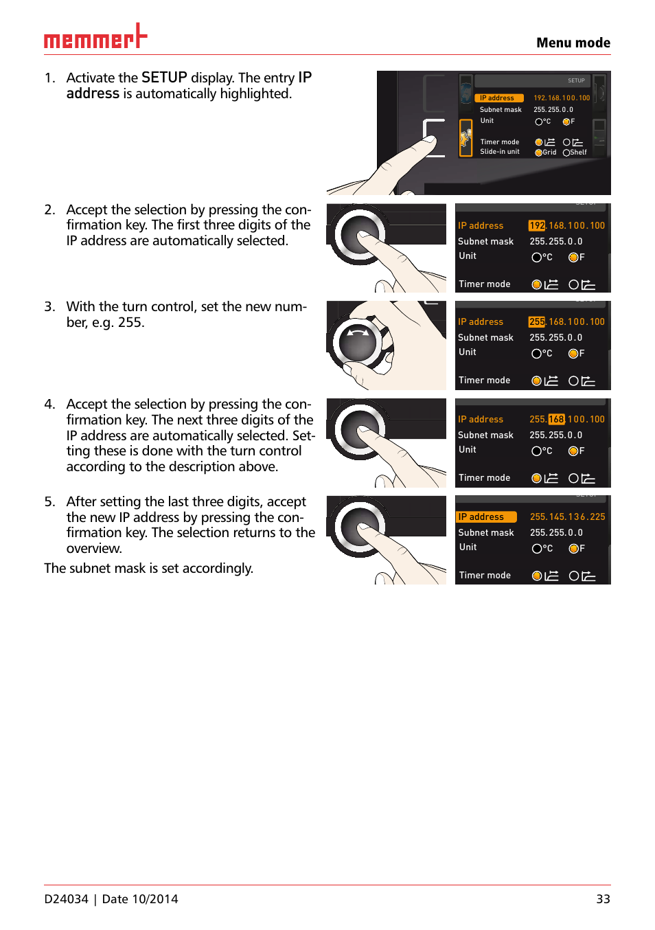 Setup, Ip address, Menu mode 1. activate the | Display. the entry, Is automatically highlighted, Uf 110 | Memmert IPS Peltier-cooled incubators User Manual | Page 33 / 44
