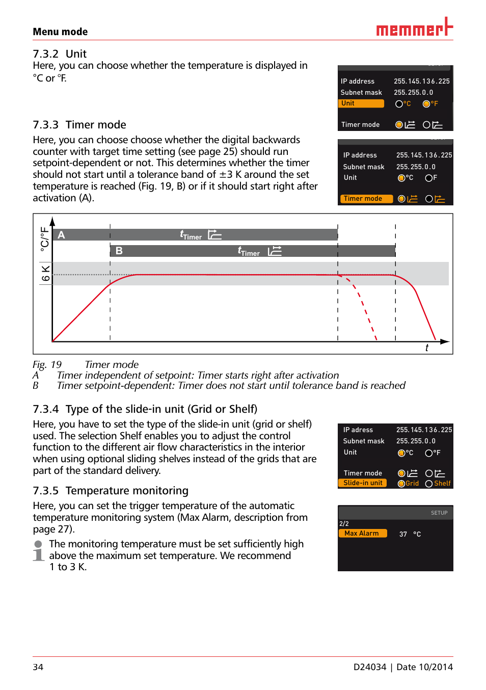 2 unit, 3 timer mode, 4 type of the slide-in unit (grid or shelf) | 5 temperature monitoring, Menu mode | Memmert IPS Peltier-cooled incubators User Manual | Page 34 / 44