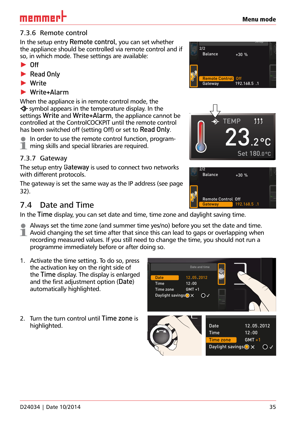6 remote control, 7 gateway, 4 date and time | Ufp 100, Remote control, Read only, Write, Write+alarm, Gateway, Time | Memmert IPS Peltier-cooled incubators User Manual | Page 35 / 44