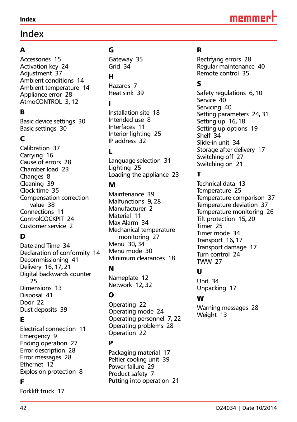 Index | Memmert IPS Peltier-cooled incubators User Manual | Page 42 / 44
