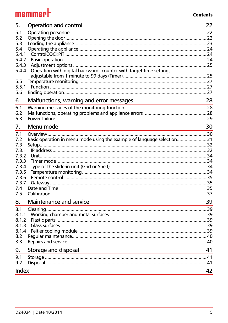Operation and control 22, Malfunctions, warning and error messages 28, Menu mode 30 | Maintenance and service 39, Storage and disposal 41, Index 42 | Memmert IPS Peltier-cooled incubators User Manual | Page 5 / 44