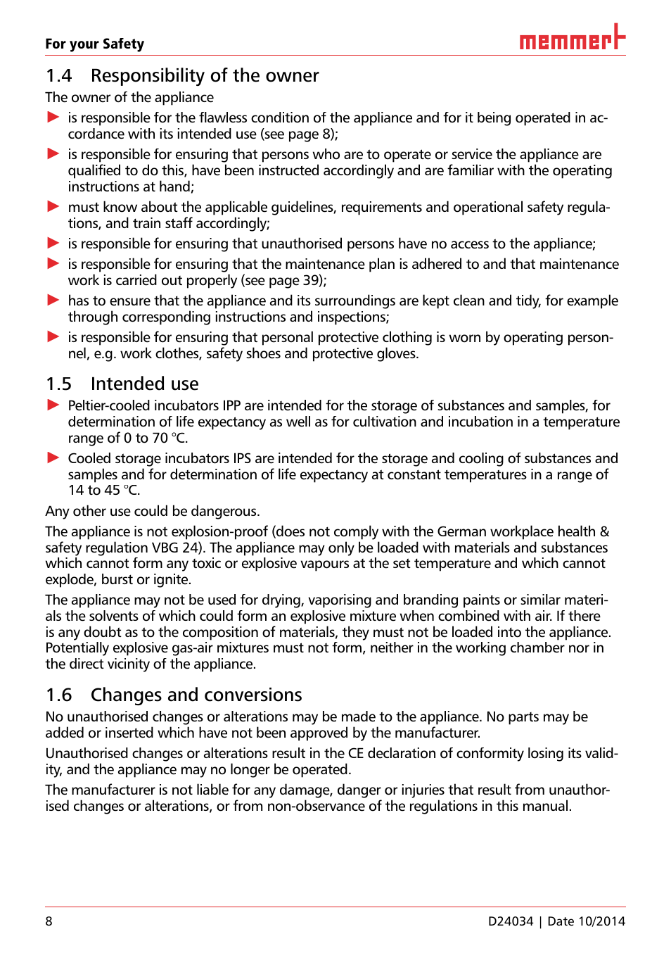 4 responsibility of the owner, 5 intended use, 6 changes and conversions | Memmert IPS Peltier-cooled incubators User Manual | Page 8 / 44