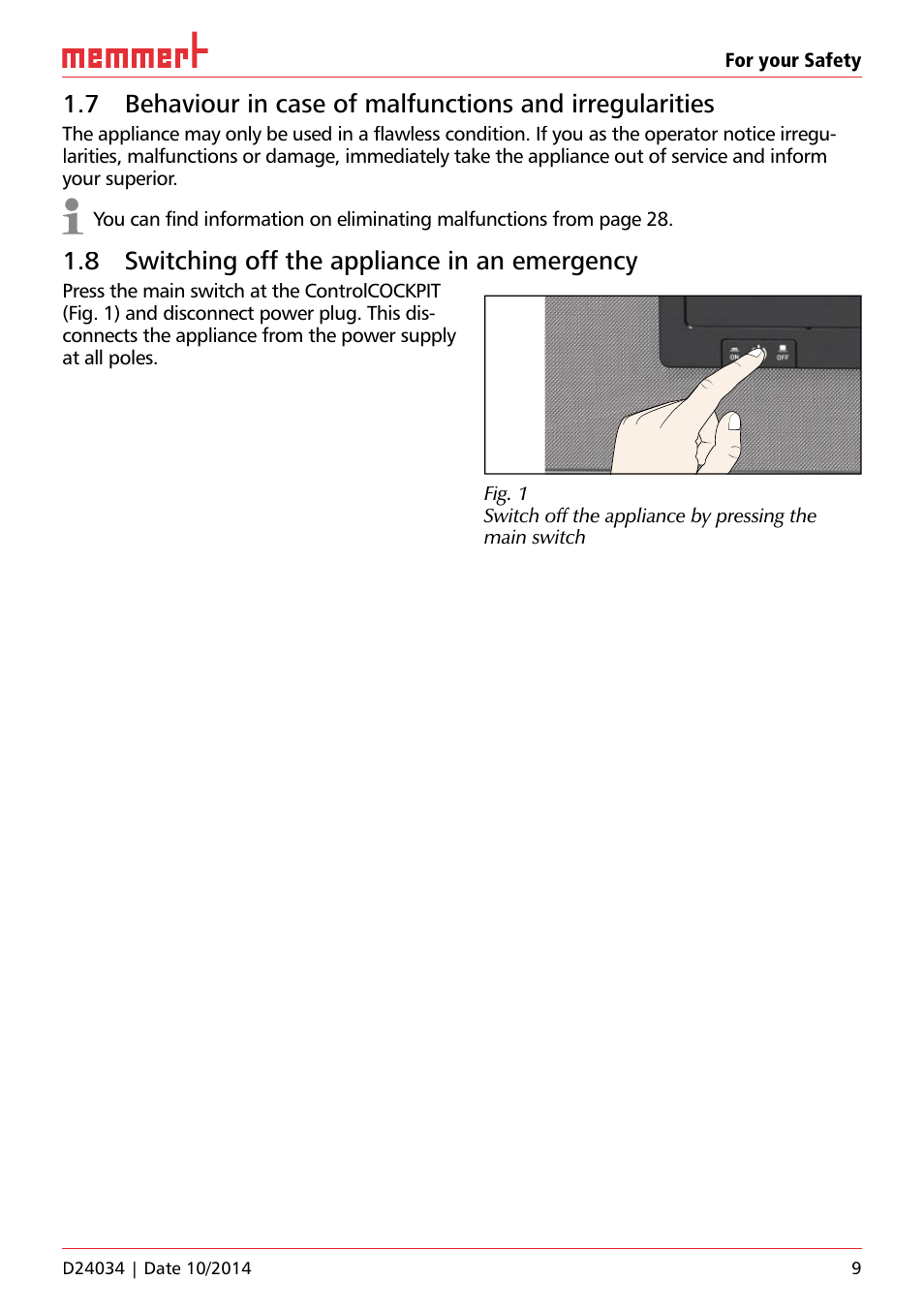 8 switching off the appliance in an emergency, For your safety, Uf 110 | Hauptschalter | Memmert IPS Peltier-cooled incubators User Manual | Page 9 / 44