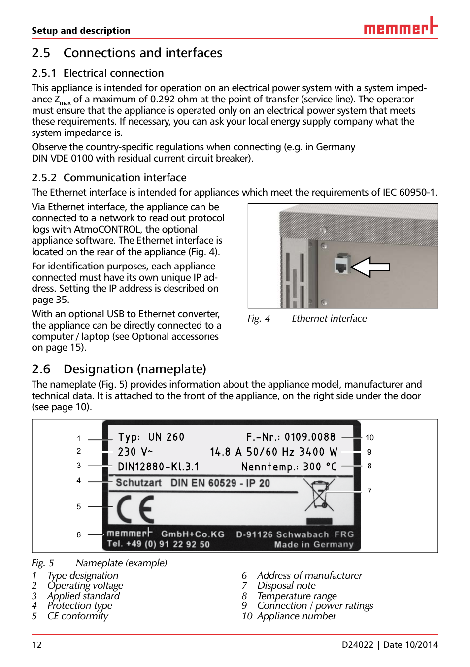 5 connections and interfaces, 1 electrical connection, 2 communication interface | 6 designation (nameplate), 6 designation ( nameplate) | Memmert Universal ovens U, Incubators I, Sterilisers S User Manual | Page 12 / 48