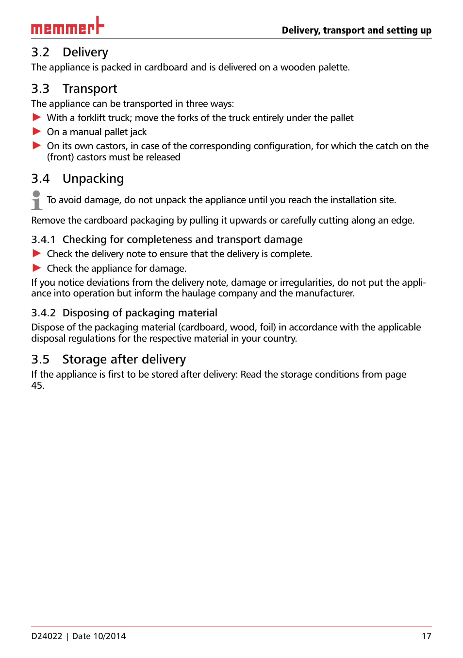 2 delivery, 3 transport, 4 unpacking | 1 checking for completeness and transport damage, 2 disposing of packaging material, 5 storage after delivery | Memmert Universal ovens U, Incubators I, Sterilisers S User Manual | Page 17 / 48