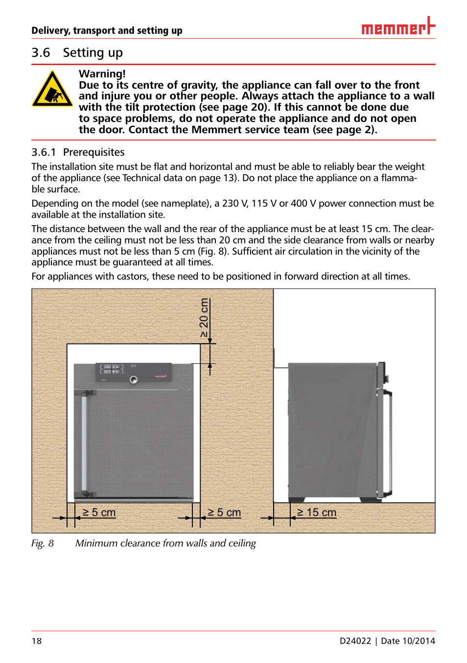 6 setting up, 1 prerequisites | Memmert Universal ovens U, Incubators I, Sterilisers S User Manual | Page 18 / 48