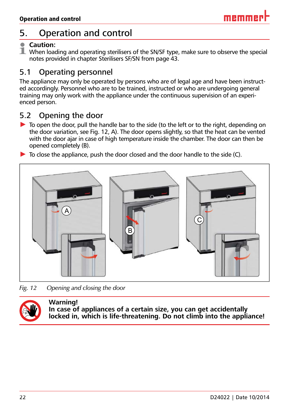 Operation and control, 1 operating personnel, 2 opening the door | Memmert Universal ovens U, Incubators I, Sterilisers S User Manual | Page 22 / 48