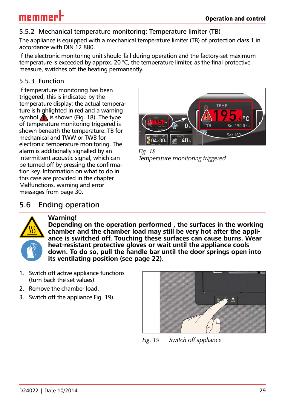 3 function, 6 ending operation, On 20 | Uf 110, 4 °c, Operation and control, Fig. 18 temperature monitoring triggered, Fig. 19 switch off appliance, 000°c | Memmert Universal ovens U, Incubators I, Sterilisers S User Manual | Page 29 / 48