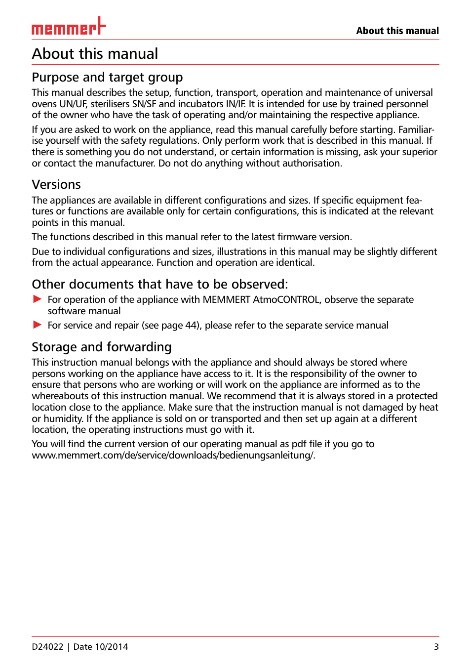 About this manual, Purpose and target group, Versions | Other documents that have to be observed, Storage and forwarding | Memmert Universal ovens U, Incubators I, Sterilisers S User Manual | Page 3 / 48