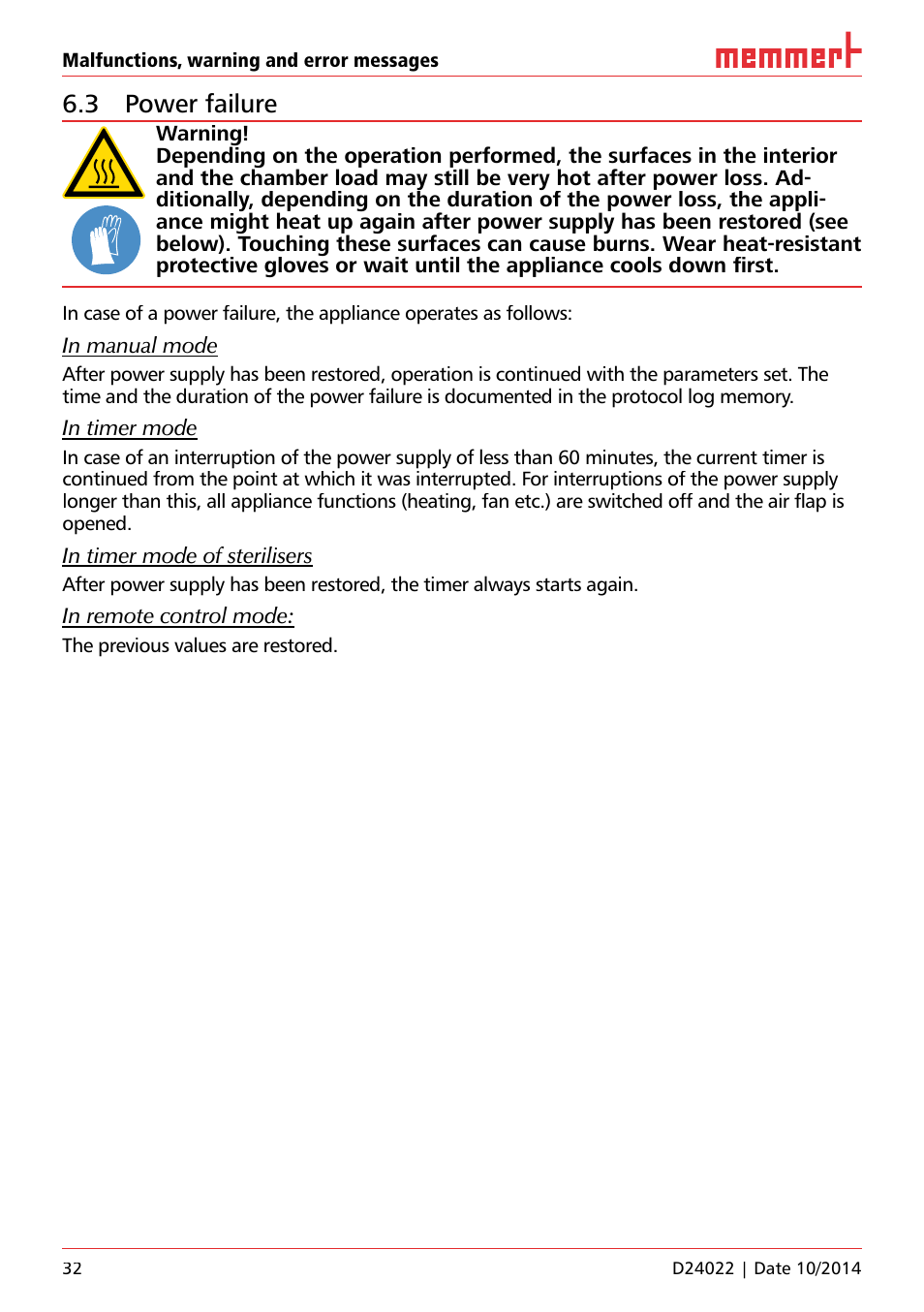 3 power failure | Memmert Universal ovens U, Incubators I, Sterilisers S User Manual | Page 32 / 48