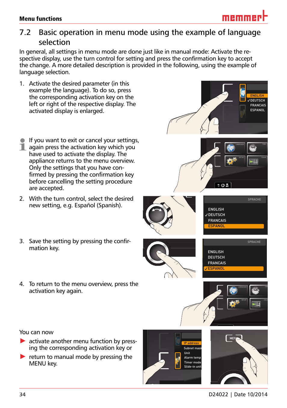 Ufp 100, Menu functions, You can now | Return to manual mode by pressing the menu key, Hauptschalter, Uf 110 | Memmert Universal ovens U, Incubators I, Sterilisers S User Manual | Page 34 / 48
