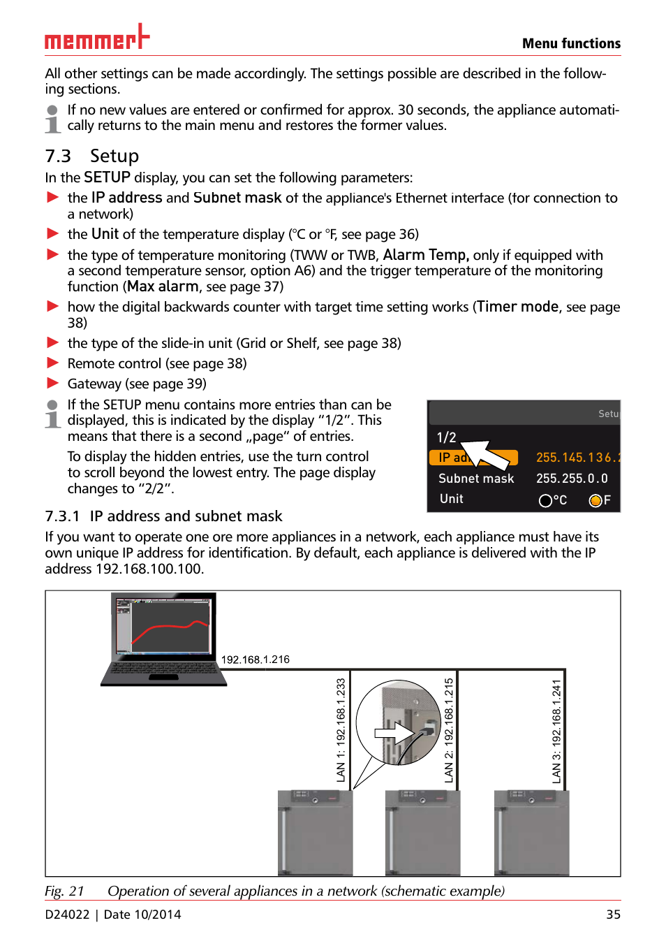 3 setup, 1 ip address and subnet mask, Setup | Ip address, Subnet mask, Unit, Alarm temp, Max alarm, Timer mode | Memmert Universal ovens U, Incubators I, Sterilisers S User Manual | Page 35 / 48