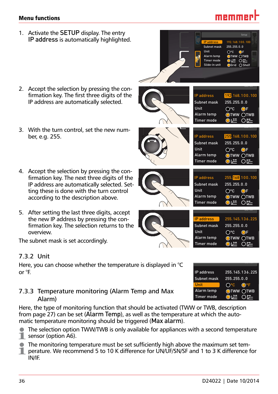 2 unit, Setup, Ip address | Alarm temp, Max alarm, Menu functions 1. activate the, Display. the entry, Is automatically highlighted, Uf 110 | Memmert Universal ovens U, Incubators I, Sterilisers S User Manual | Page 36 / 48