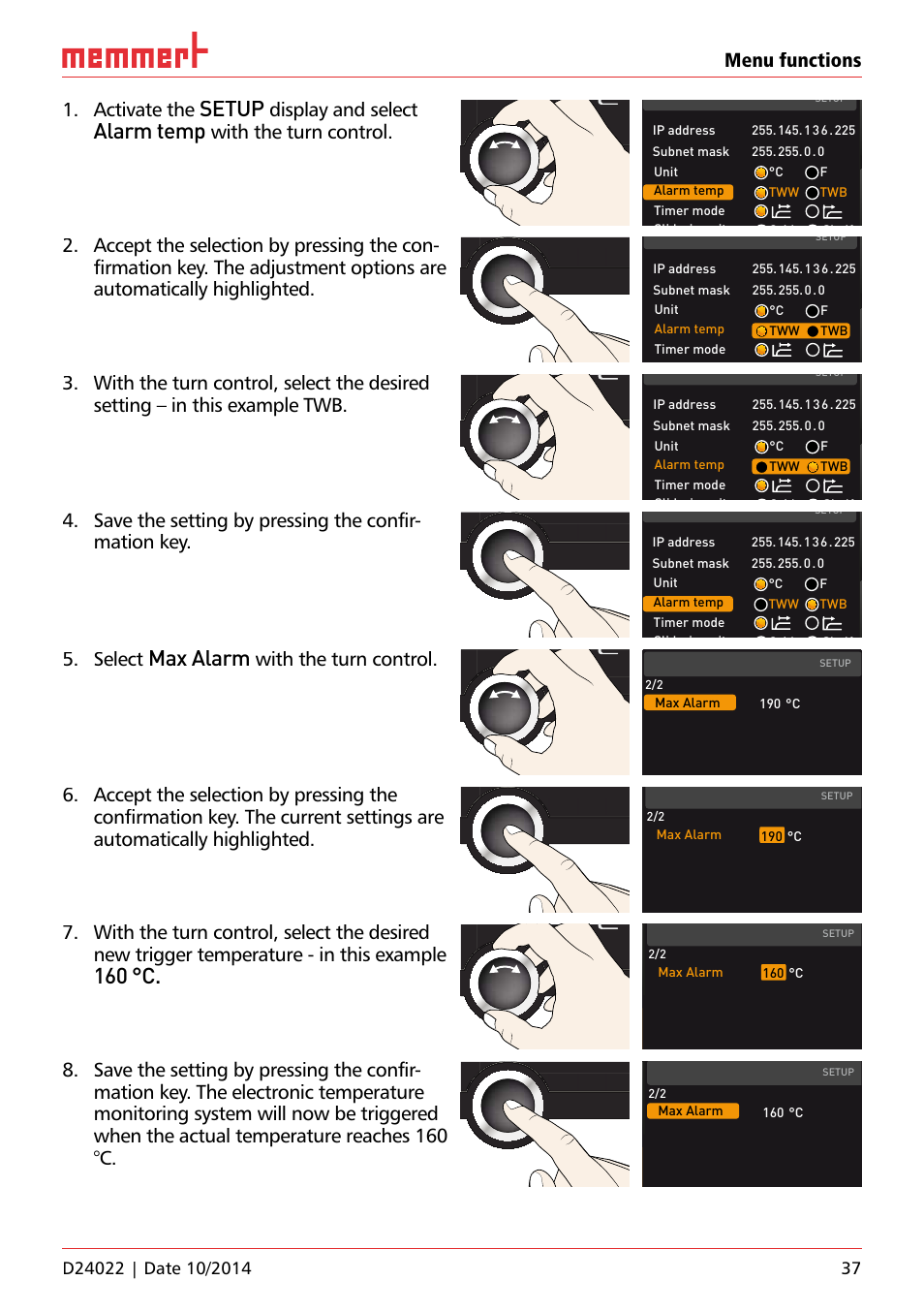 Setup, Alarm temp, Max alarm | 160 °c, Menu functions 1. activate the, Display and select, With the turn control, Select, Uf 110, Max alarm 190 °c | Memmert Universal ovens U, Incubators I, Sterilisers S User Manual | Page 37 / 48