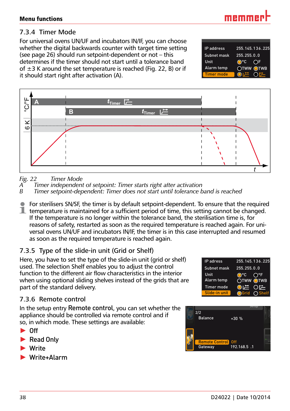 4 timer mode, 5 type of the slide-in unit (grid or shelf), 6 remote control | Remote control, Read only, Write, Write+alarm | Memmert Universal ovens U, Incubators I, Sterilisers S User Manual | Page 38 / 48