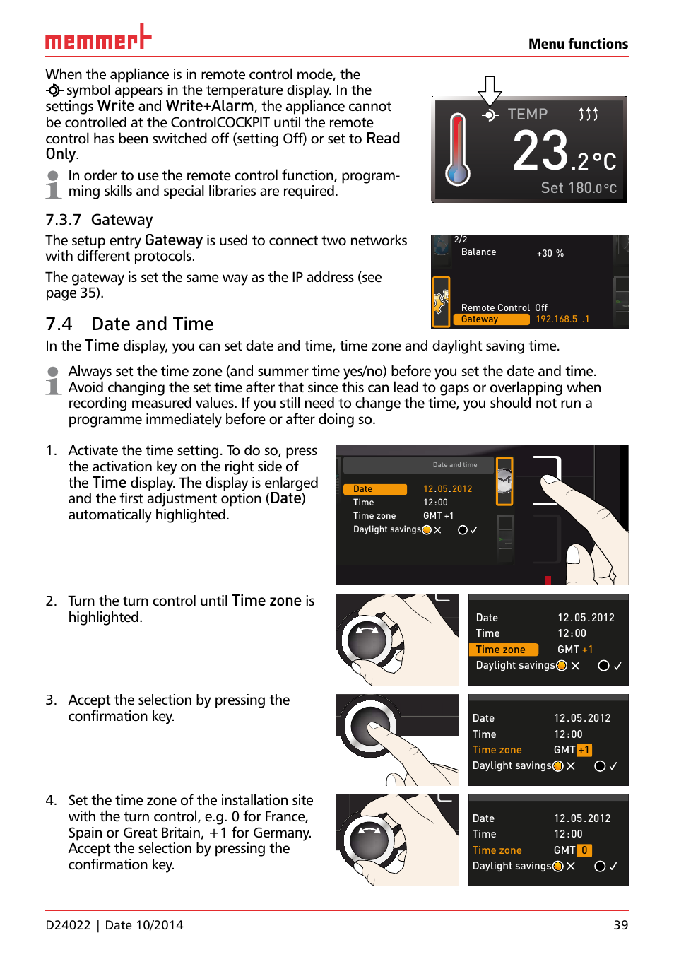 7 gateway, 4 date and time, Ufp 100 | Write, Write+alarm, Read only, Gateway, Time, Date, Time zone | Memmert Universal ovens U, Incubators I, Sterilisers S User Manual | Page 39 / 48