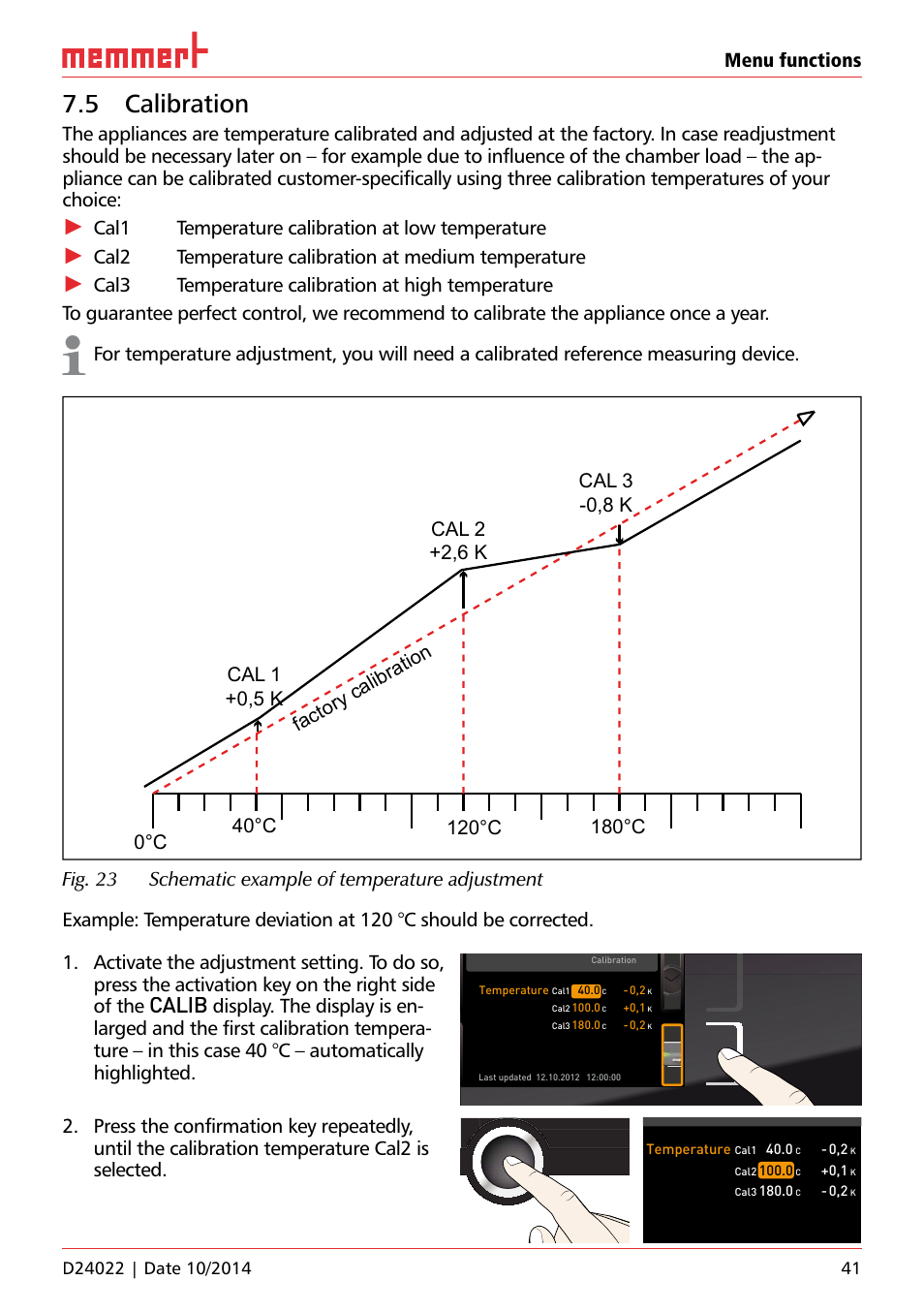 5 calibration, Ufp 100, Calib | Menu functions, Cal1 temperature calibration at low temperature, Cal2 temperature calibration at medium temperature | Memmert Universal ovens U, Incubators I, Sterilisers S User Manual | Page 41 / 48