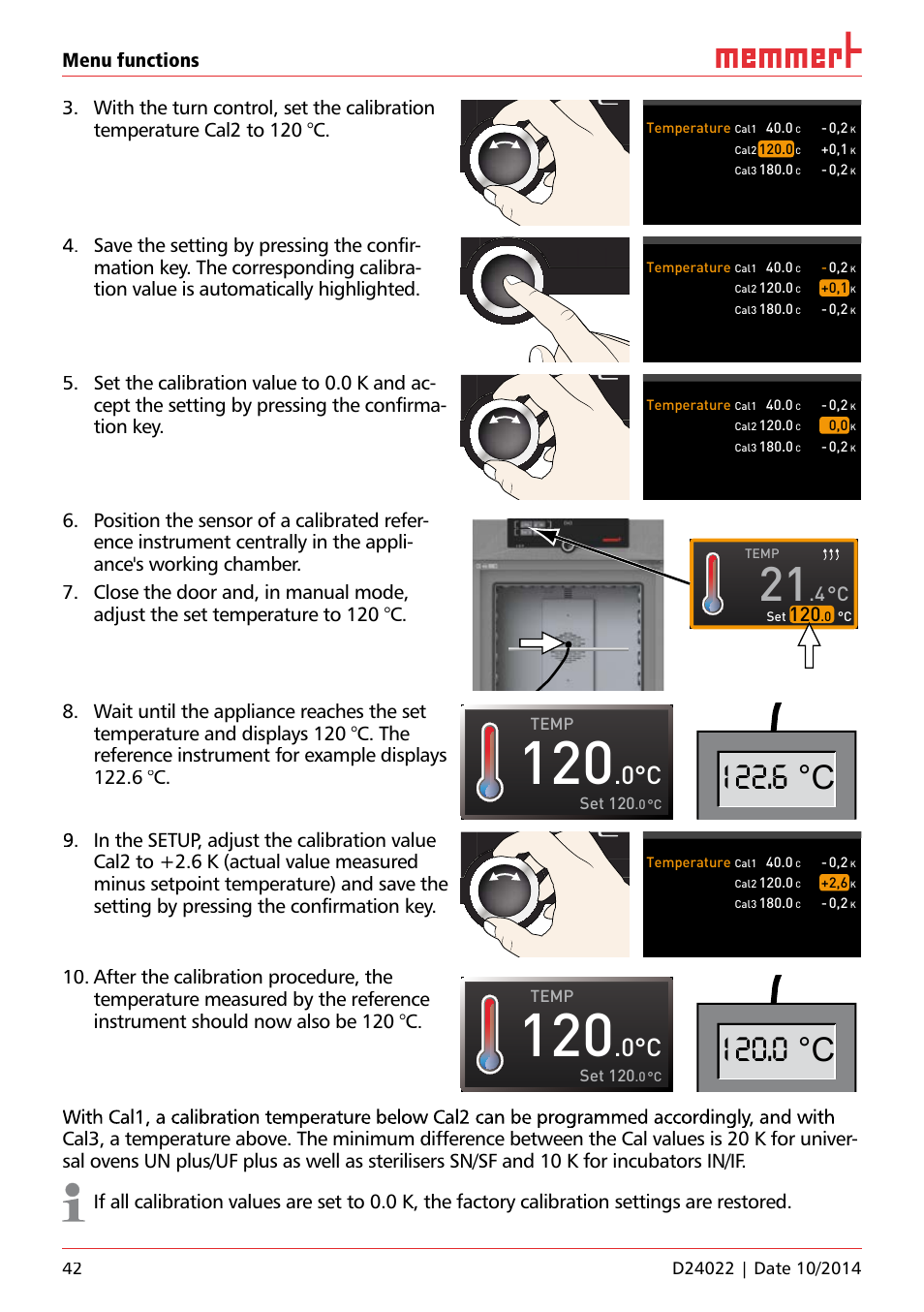 6 °c, 0 °c, Temp set 120 | Uf 110, Temperature | Memmert Universal ovens U, Incubators I, Sterilisers S User Manual | Page 42 / 48