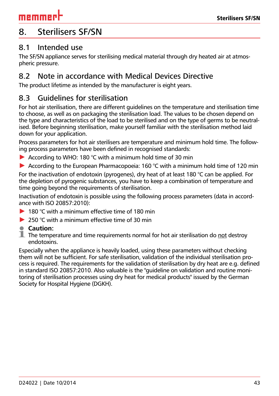 Sterilisers sf/sn, 1 intended use, 3 guidelines for sterilisation | Memmert Universal ovens U, Incubators I, Sterilisers S User Manual | Page 43 / 48