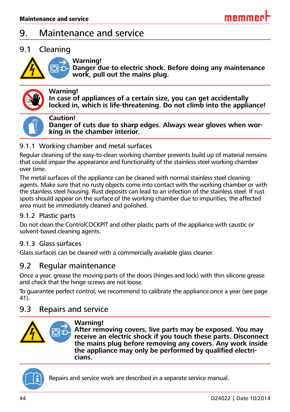Maintenance and service, 1 cleaning, 1 working chamber and metal surfaces | 2 plastic parts, 3 glass surfaces, 2 regular maintenance, 3 repairs and service | Memmert Universal ovens U, Incubators I, Sterilisers S User Manual | Page 44 / 48