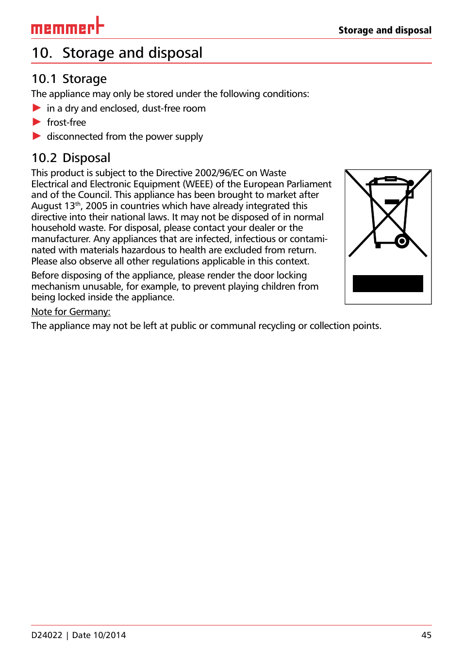 Storage and disposal, 1 storage, 2 disposal | Memmert Universal ovens U, Incubators I, Sterilisers S User Manual | Page 45 / 48