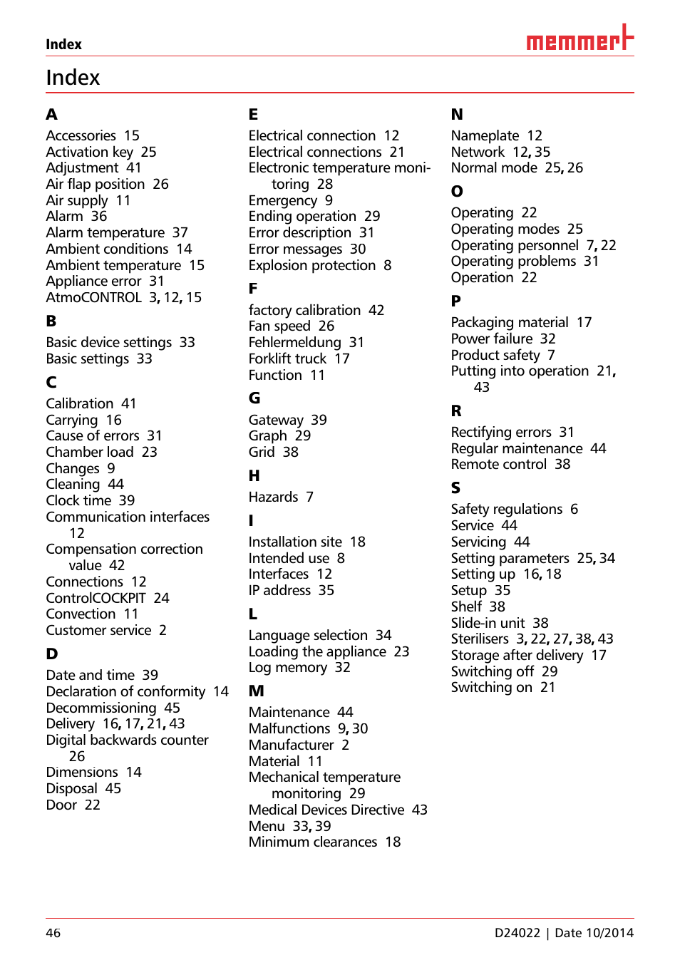Index | Memmert Universal ovens U, Incubators I, Sterilisers S User Manual | Page 46 / 48