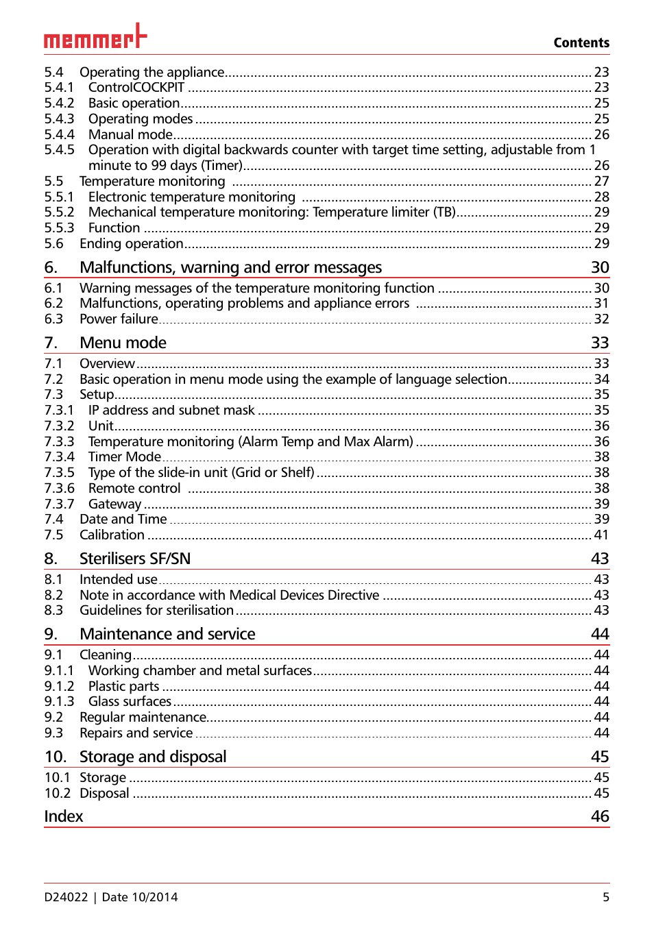 Malfunctions, warning and error messages 30, Menu mode 33, Sterilisers sf/sn 43 | Maintenance and service 44, Storage and disposal 45, Index 46 | Memmert Universal ovens U, Incubators I, Sterilisers S User Manual | Page 5 / 48