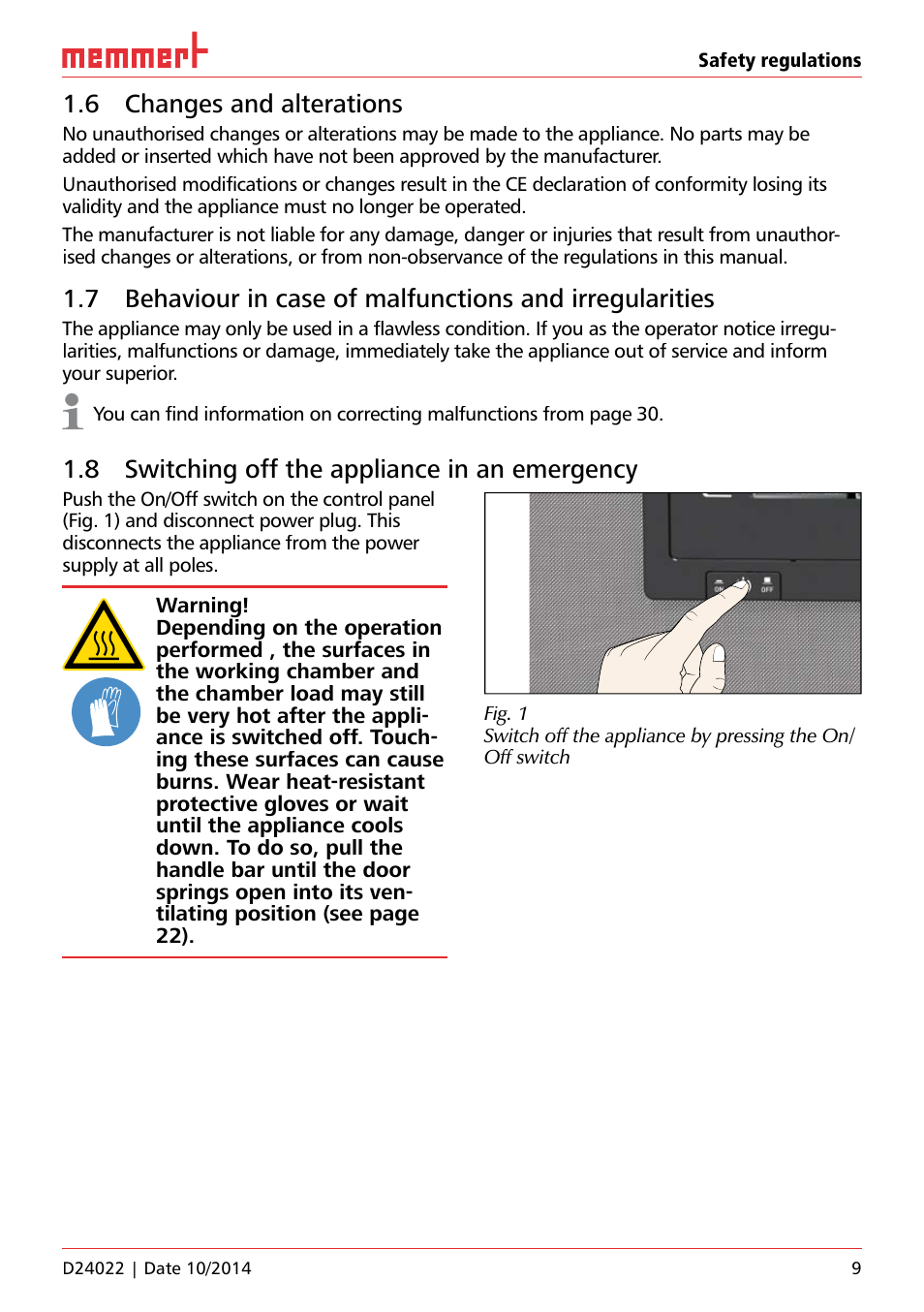 6 changes and alterations, 8 switching off the appliance in an emergency, Safety regulations | Uf 110 | Memmert Universal ovens U, Incubators I, Sterilisers S User Manual | Page 9 / 48