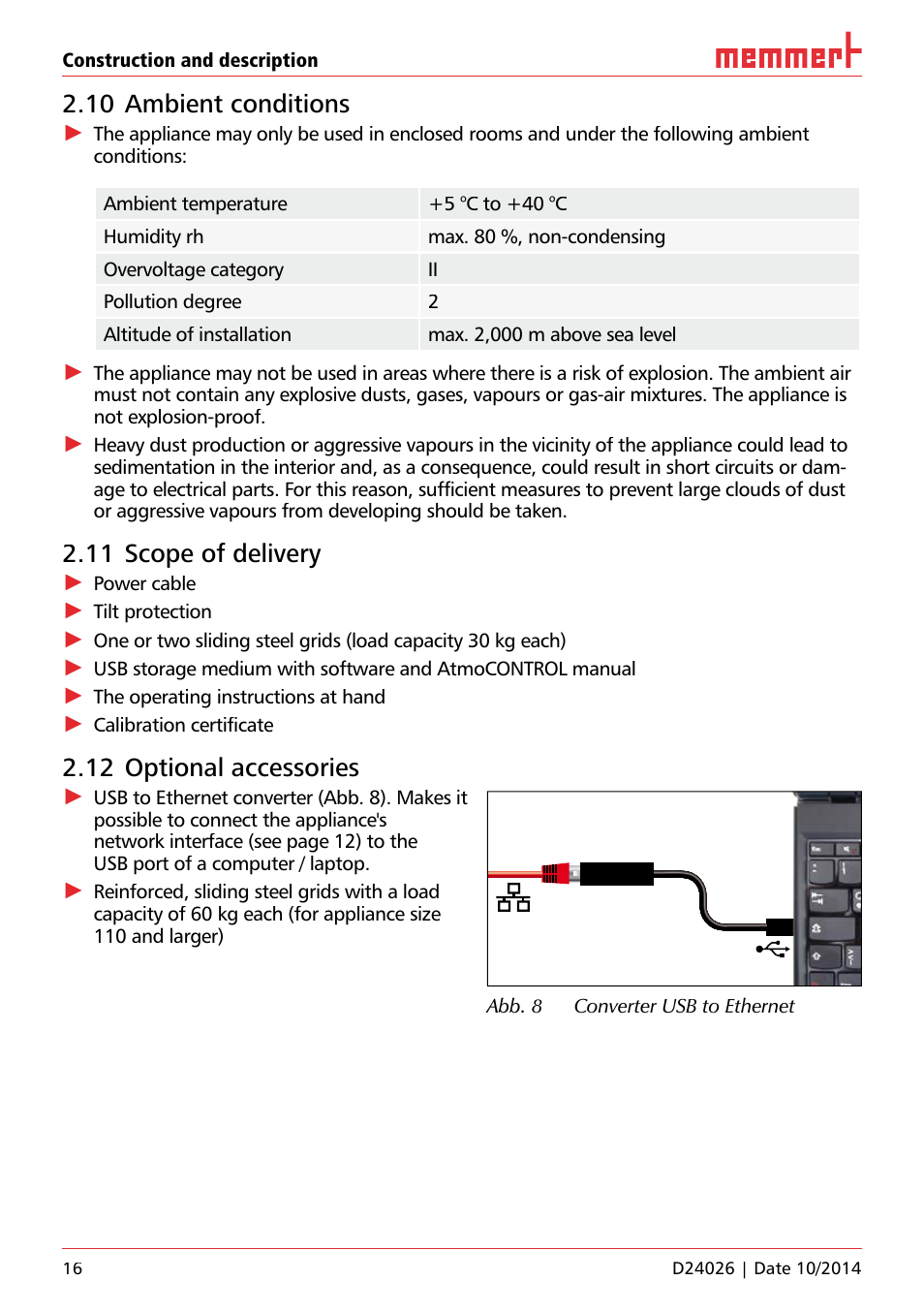 10 ambient conditions, 11 scope of delivery, 12 optional accessories | Memmert Universal ovens U plus, Incubators I plus, Sterilisers S plus User Manual | Page 16 / 60