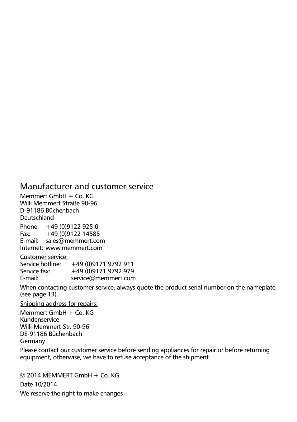 Manufacturer and customer service | Memmert Universal ovens U plus, Incubators I plus, Sterilisers S plus User Manual | Page 2 / 60