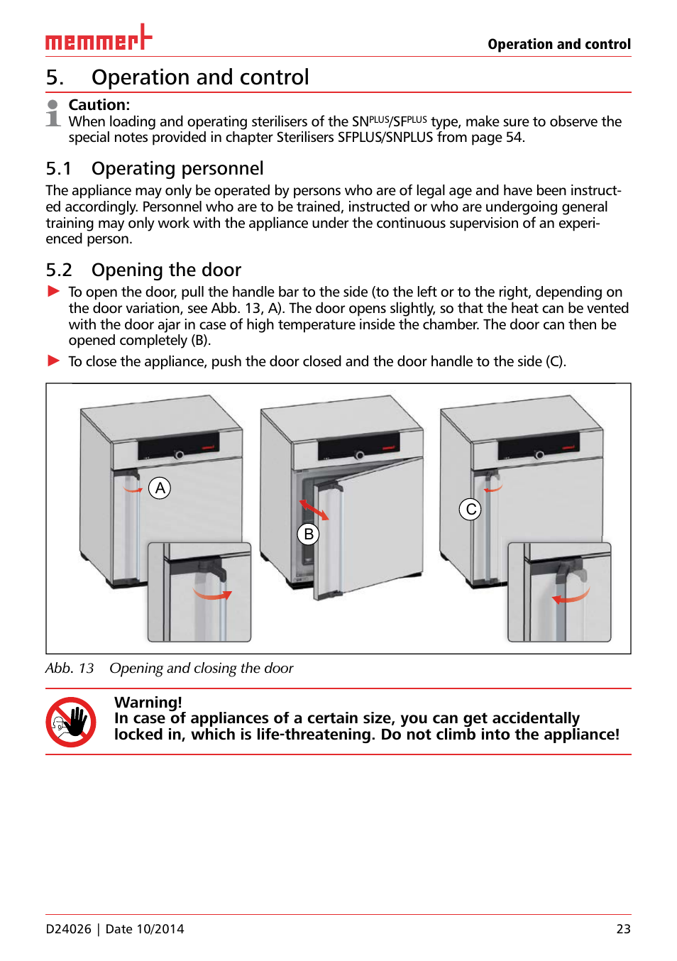 Operation and control, 1 operating personnel, 2 opening the door | Memmert Universal ovens U plus, Incubators I plus, Sterilisers S plus User Manual | Page 23 / 60