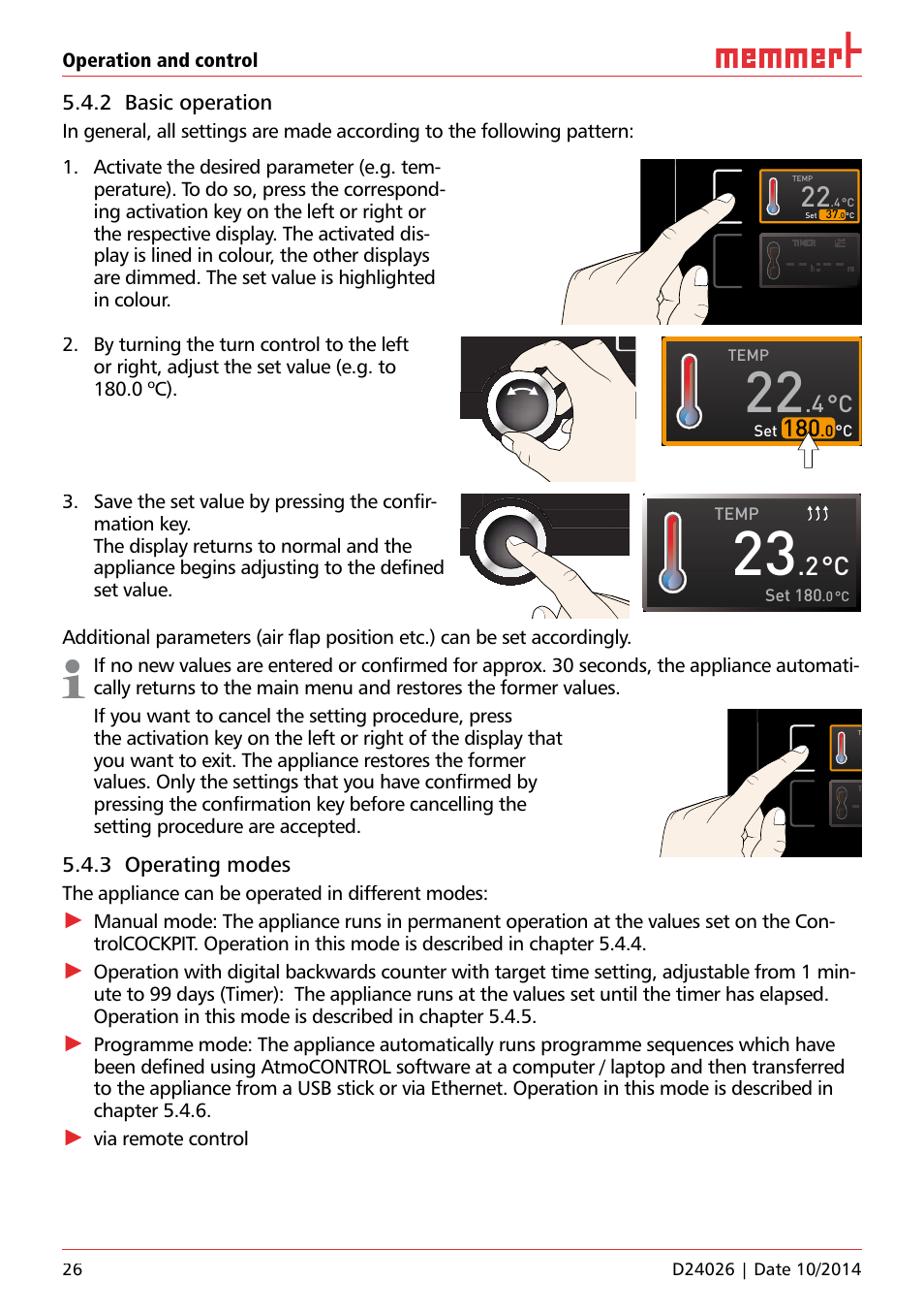 Ich 500, 2 basic operation, 3 operating modes | Operation and control, The appliance can be operated in different modes, Via remote control 30.0, Temp set 180, Temp, 0 °c set | Memmert Universal ovens U plus, Incubators I plus, Sterilisers S plus User Manual | Page 26 / 60