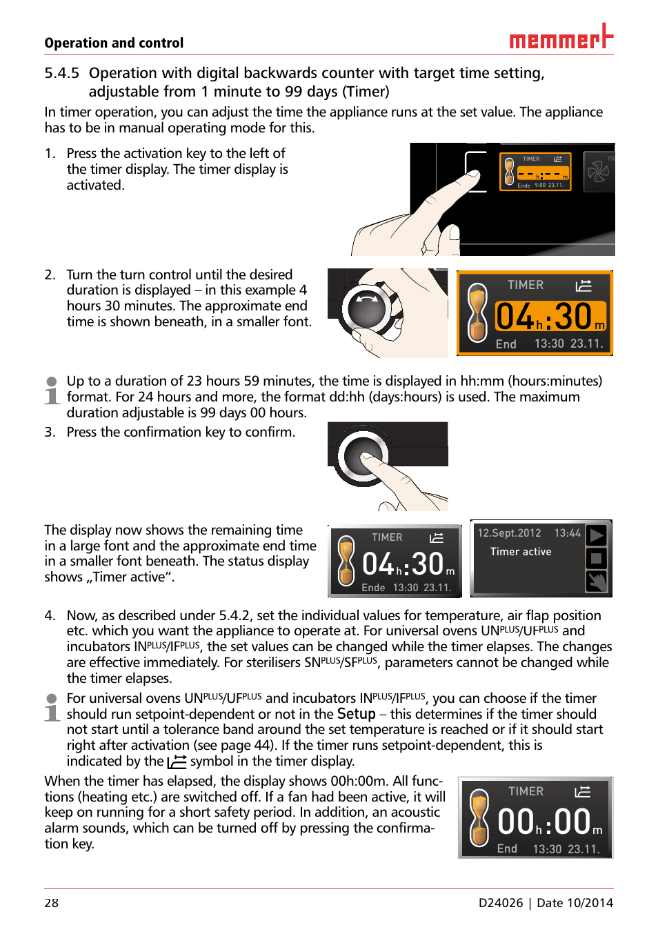 Ich 500, Setup, Operation and control | And incubators in, Timer end, Timer | Memmert Universal ovens U plus, Incubators I plus, Sterilisers S plus User Manual | Page 28 / 60