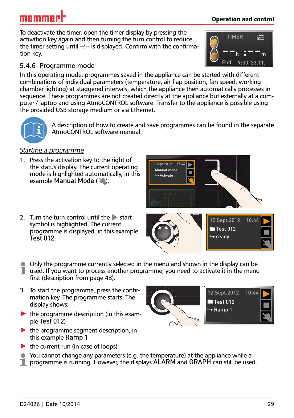 Unp 500, 6 programme mode, Starting a programme | Manual mode, Test 012, Ramp 1, Alarm, Graph, Turn the turn control until the, The programme description (in this exam- ple | Memmert Universal ovens U plus, Incubators I plus, Sterilisers S plus User Manual | Page 29 / 60