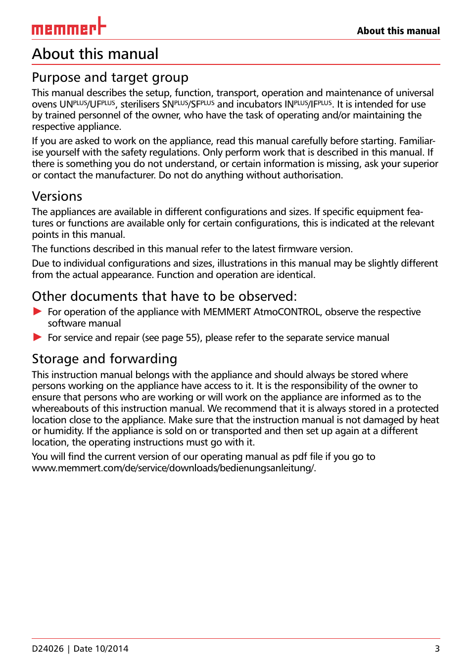 About this manual, Purpose and target group, Versions | Other documents that have to be observed, Storage and forwarding | Memmert Universal ovens U plus, Incubators I plus, Sterilisers S plus User Manual | Page 3 / 60