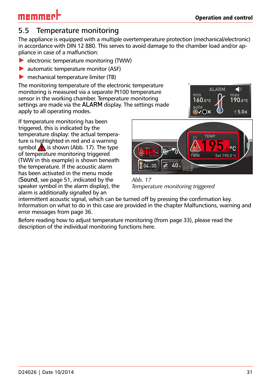 5 temperature monitoring, On 20, Uf 110 | Alarm, Sound, 4 °c, Operation and control, Electronic temperature monitoring (tww), Automatic temperature monitor (asf), Abb. 17 temperature monitoring triggered | Memmert Universal ovens U plus, Incubators I plus, Sterilisers S plus User Manual | Page 31 / 60