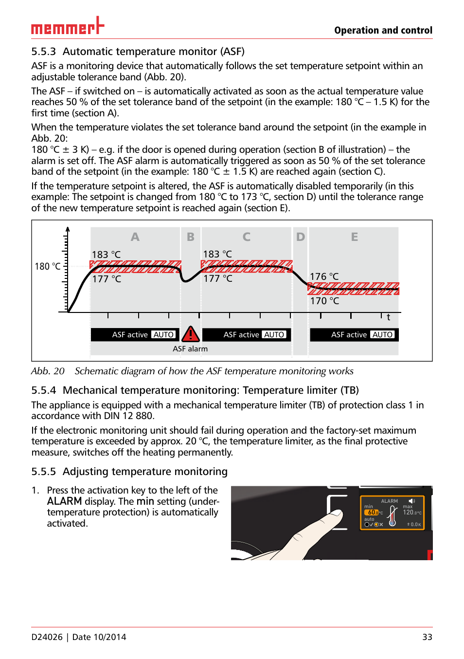 On 44, Uf 110, Hauptschalter | Ab c d e, 3 automatic temperature monitor (asf), 5 adjusting temperature monitoring, Alarm, Operation and control, Press the activation key to the left of the, Display. the | Memmert Universal ovens U plus, Incubators I plus, Sterilisers S plus User Manual | Page 33 / 60