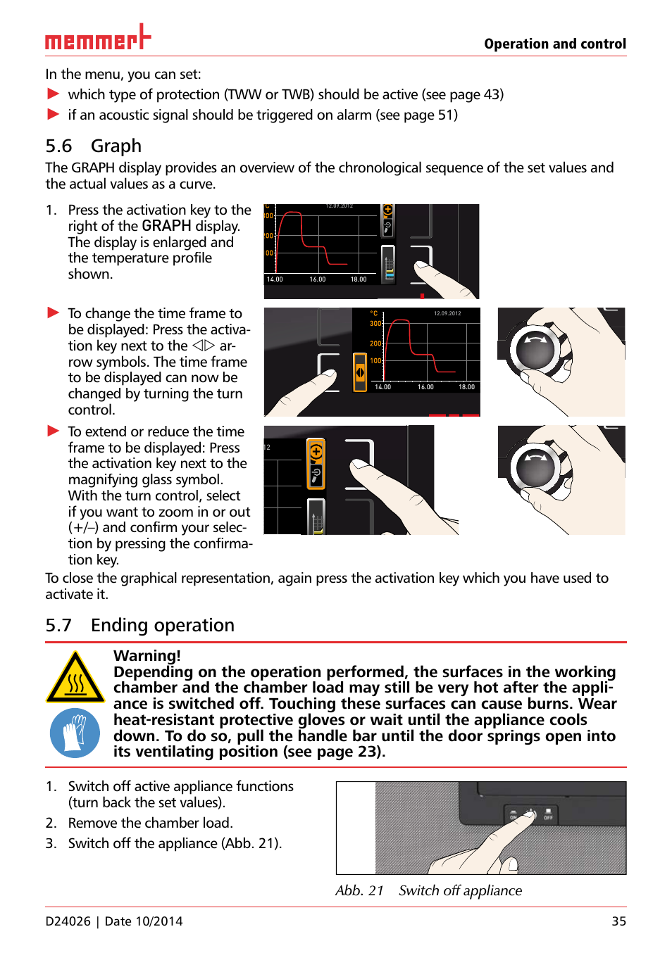 6 graph, 7 ending operation, Unp 500 | Graph, Operation and control in the menu, you can set, Abb. 21 switch off appliance, Uf 110, Hauptschalter | Memmert Universal ovens U plus, Incubators I plus, Sterilisers S plus User Manual | Page 35 / 60