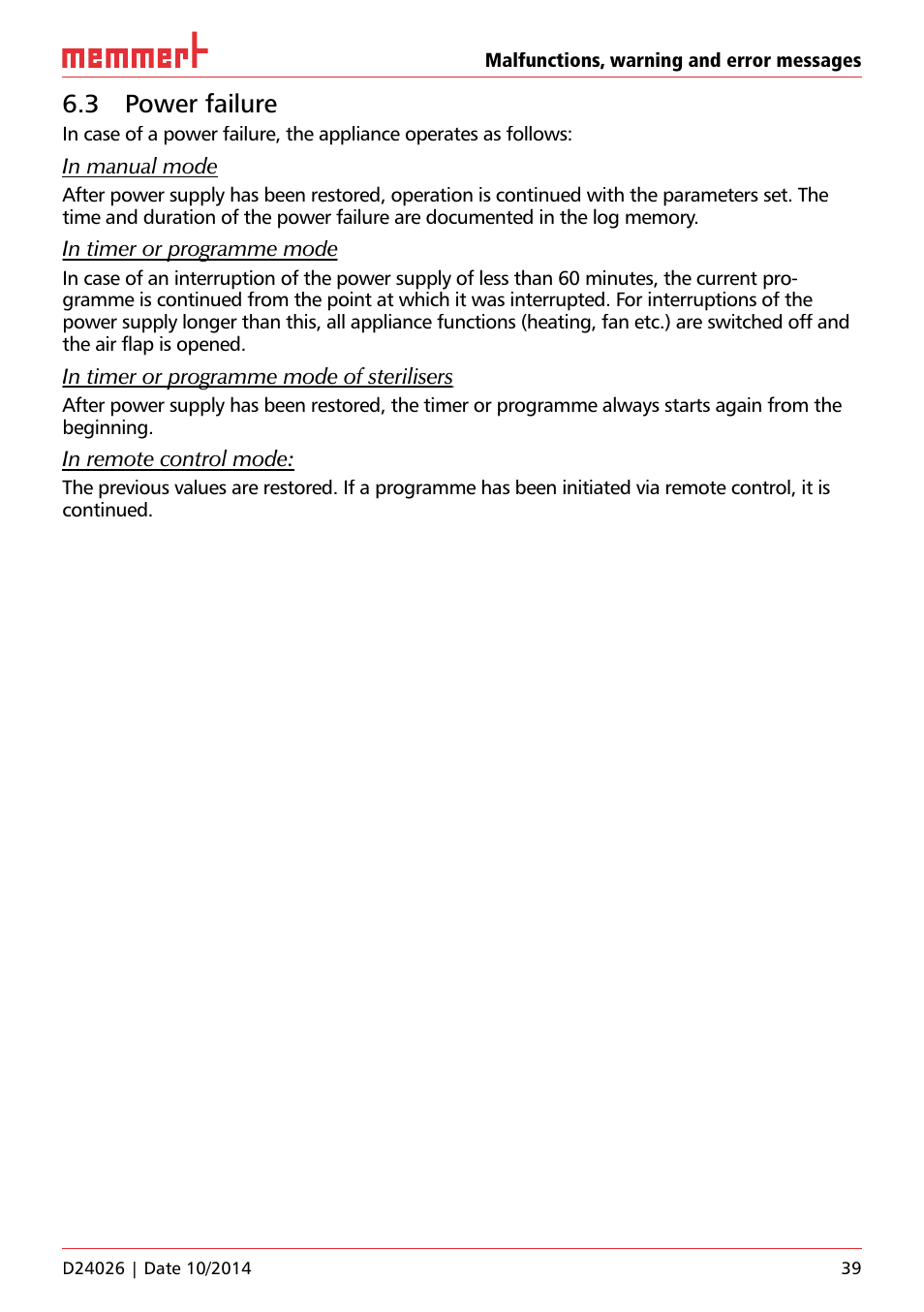 3 power failure | Memmert Universal ovens U plus, Incubators I plus, Sterilisers S plus User Manual | Page 39 / 60
