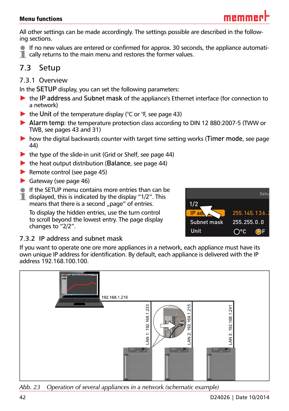 3 setup, 1 overview, Setup | Ip address, Subnet mask, Unit, Alarm temp, Timer mode, Balance, 2 ip address and subnet mask | Memmert Universal ovens U plus, Incubators I plus, Sterilisers S plus User Manual | Page 42 / 60