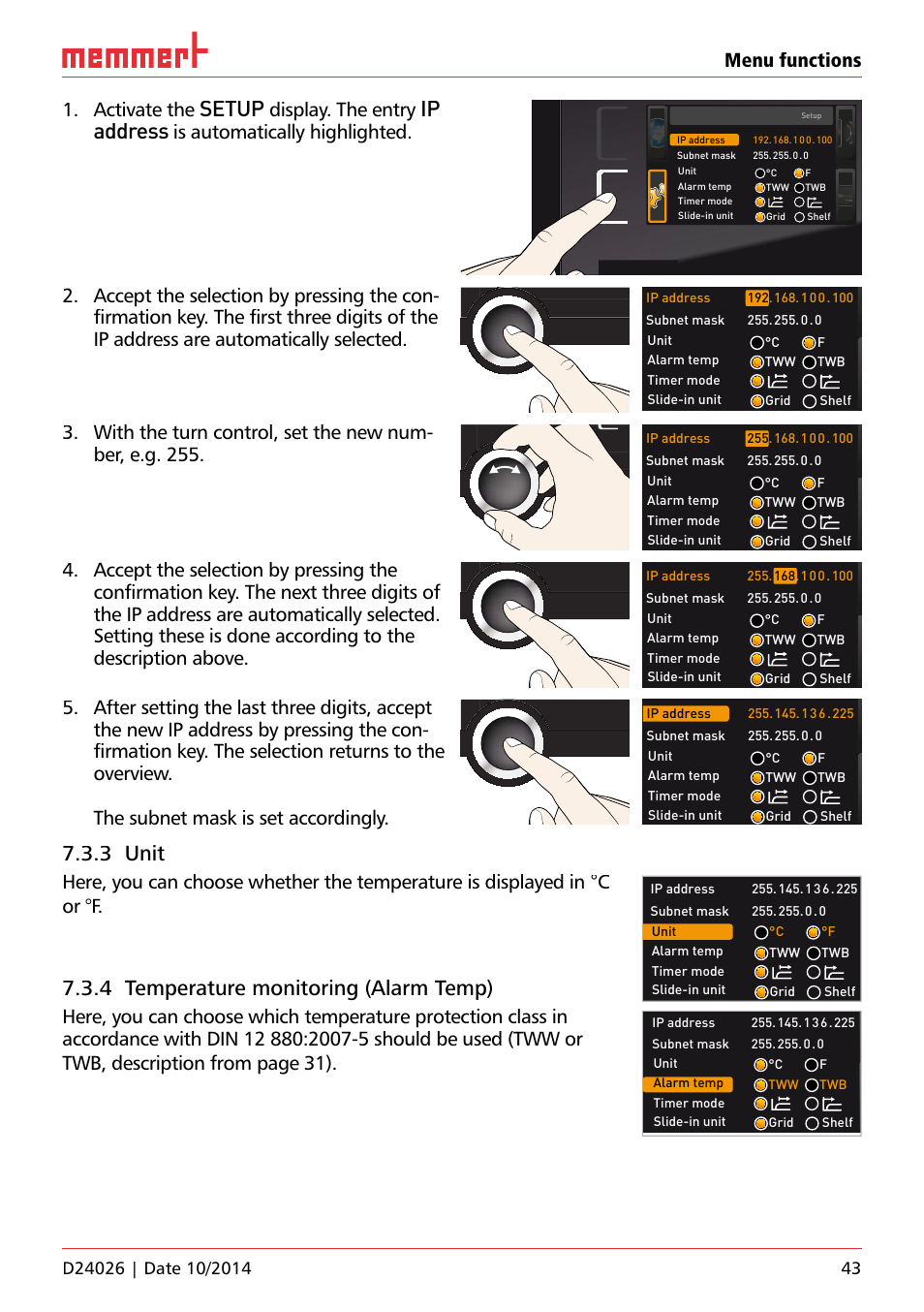 Setup, Ip address, 3 unit | 4 temperature monitoring (alarm temp), Menu functions 1. activate the, Display. the entry, Is automatically highlighted, Uf 110 | Memmert Universal ovens U plus, Incubators I plus, Sterilisers S plus User Manual | Page 43 / 60